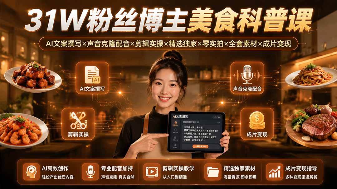 （19558期）31W粉丝博主美食科普课：AI文案撰写×声音克隆配音×剪辑实操×精选独家×零实拍×全套素材×成片变现-驿想项目网