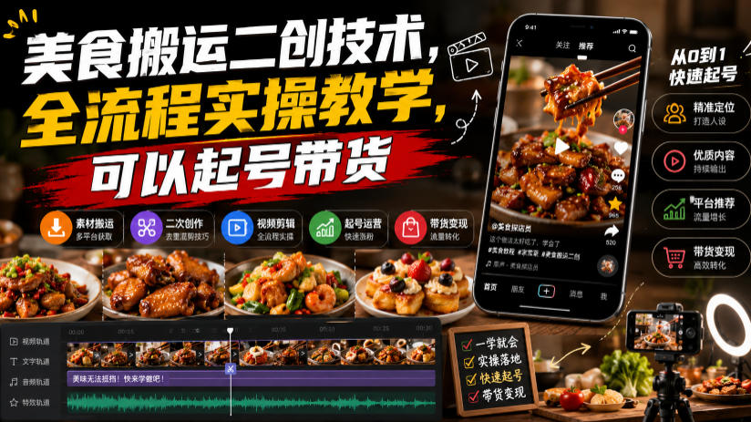 美食搬运二创技术，全流程实操教学，可以起号带货-驿想项目网