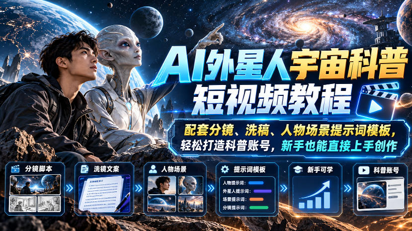 AI外星人宇宙科普短视频教程，配套分镜、洗稿、人物场景提示词模板，轻松打造科普账号，新手也能直接上手创作-驿想项目网