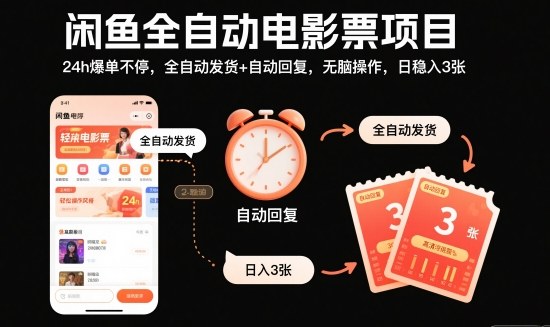 闲鱼全自动电影票项目，24h爆单不停，全自动发货+自动回复，无脑操作，日稳入3张【揭秘】-驿想项目网