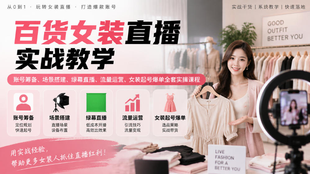 百货女装直播实战教学｜账号筹备、场景搭建、绿幕直播、流量运营、女装起号爆单全套实操课程-驿想项目网