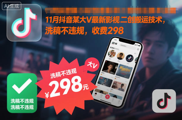 11月抖音某大V最新影视二创搬运技术，洗稿不违规，收费298-驿想项目网