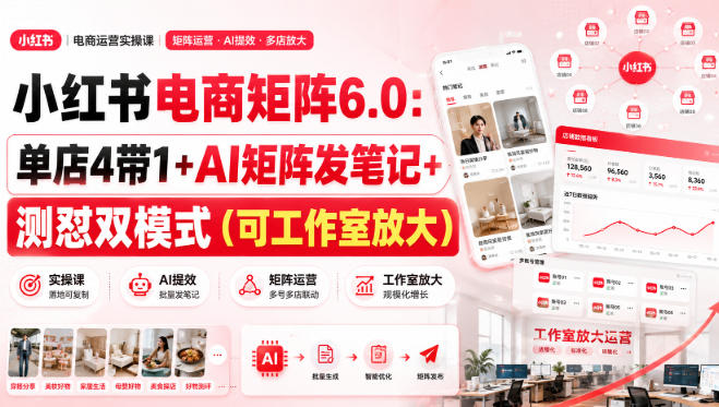 小红书电商矩阵6.0：单店4带1+AI矩阵发笔记+测怼双模式（可工作室放大）-驿想项目网