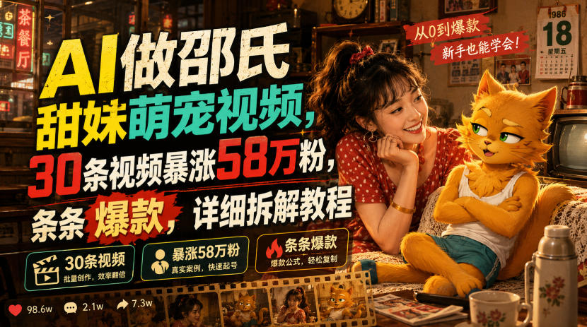 AI做邵氏甜妹萌宠视频，30条视频暴涨58万粉，条条爆款，详细拆解教程-驿想项目网