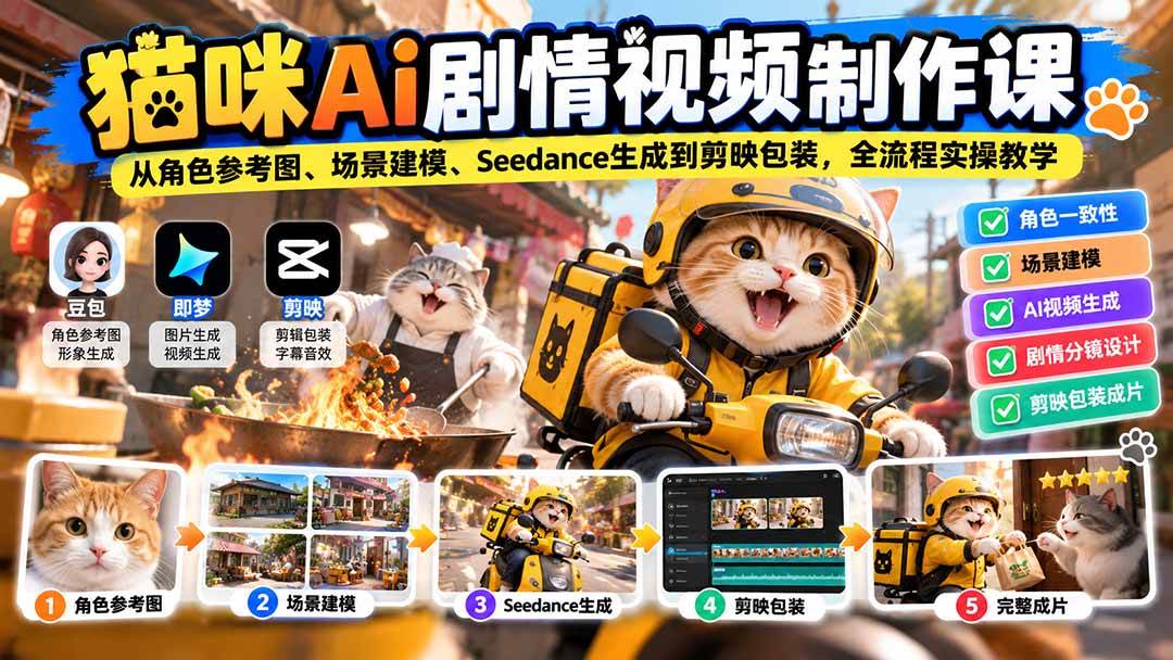 （20793期）猫咪AI剧情视频制作课：从角色参考图、场景建模、Seedance生成到剪映包装，全流程实操教学-驿想项目网