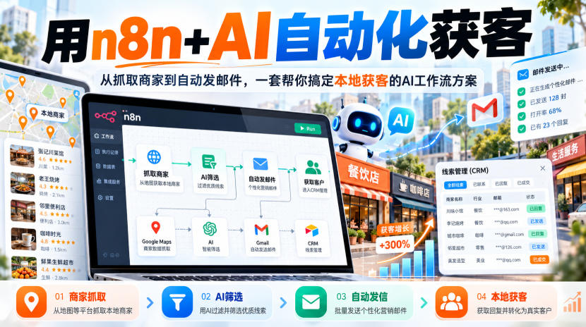 【无水印】用n8n+AI自动化获客,从抓取商家到自动发邮件,一套帮你搞定本地获客的AI工作流方案【原创双语字幕】-驿想项目网