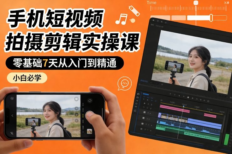 手机短视频拍摄剪辑实操课，零基础7天从入门到精通，小白必学-驿想项目网