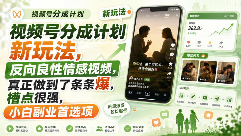 视频号分成计划新玩法，反向良性情感视频，真正做到了条条爆，槽点很强，小白副业首选项-驿想项目网