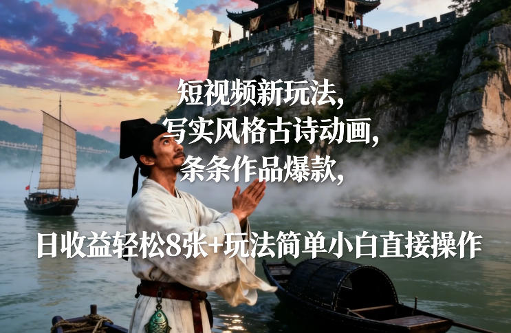 短视频新玩法，写实风格古诗动画，条条作品爆款，日收益轻松8张+玩法简单小白直接操作-驿想项目网