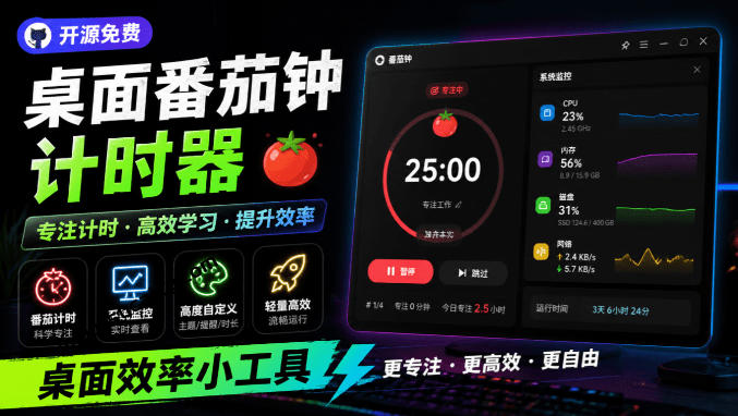 仅1.16MB，开源极简的桌面时钟、番茄钟计时器，还支持系统监控显示，桌面效率小工具Catime-驿想项目网