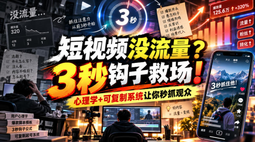 【无水印】短视频没流量？3秒钩子救场！心理学+可复制系统让你秒抓观众【原创双语字幕】-驿想项目网