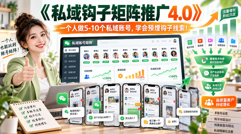 【无水印】《私域钩子矩阵推广4.0》一个人做5-10个私域账号，学会预埋钩子线索！-驿想项目网