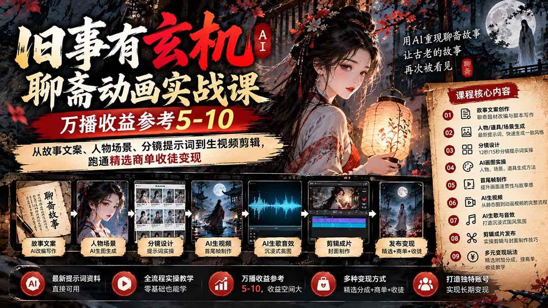 （20789期）旧事有玄机AI聊斋动画实战9月新课：万播收益参考5-10，从故事文案、人物场景到分镜生视频，跑通精选商单收徒-驿想项目网