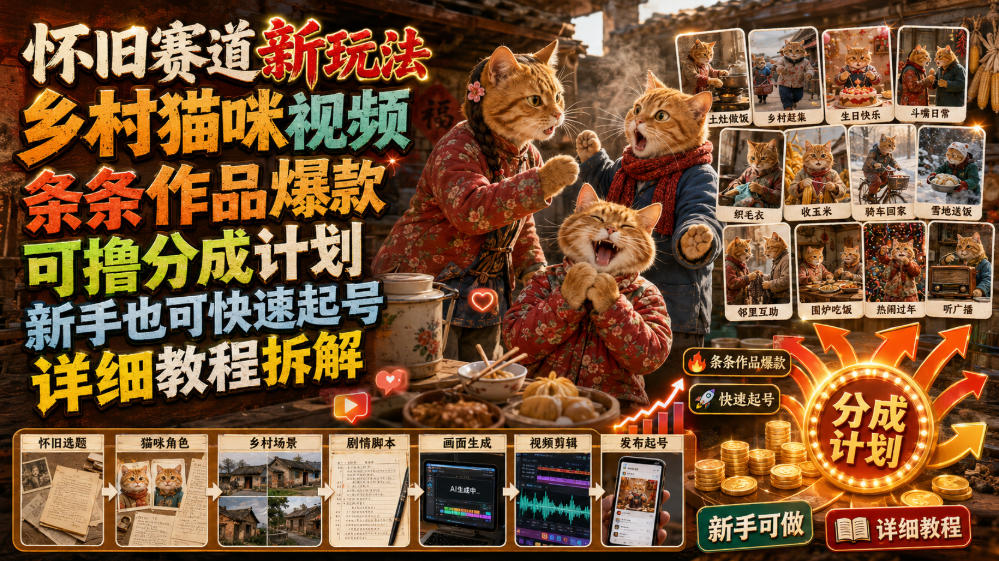 怀旧赛道新玩法，乡村猫咪视频，条条作品爆款，可撸分成计划，新手也可快速起号，详细教程拆解-驿想项目网