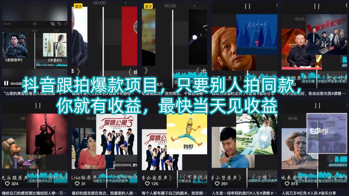 抖音跟拍爆款项目，只要别人拍同款，你就有收益，最快当天见收益-驿想项目网