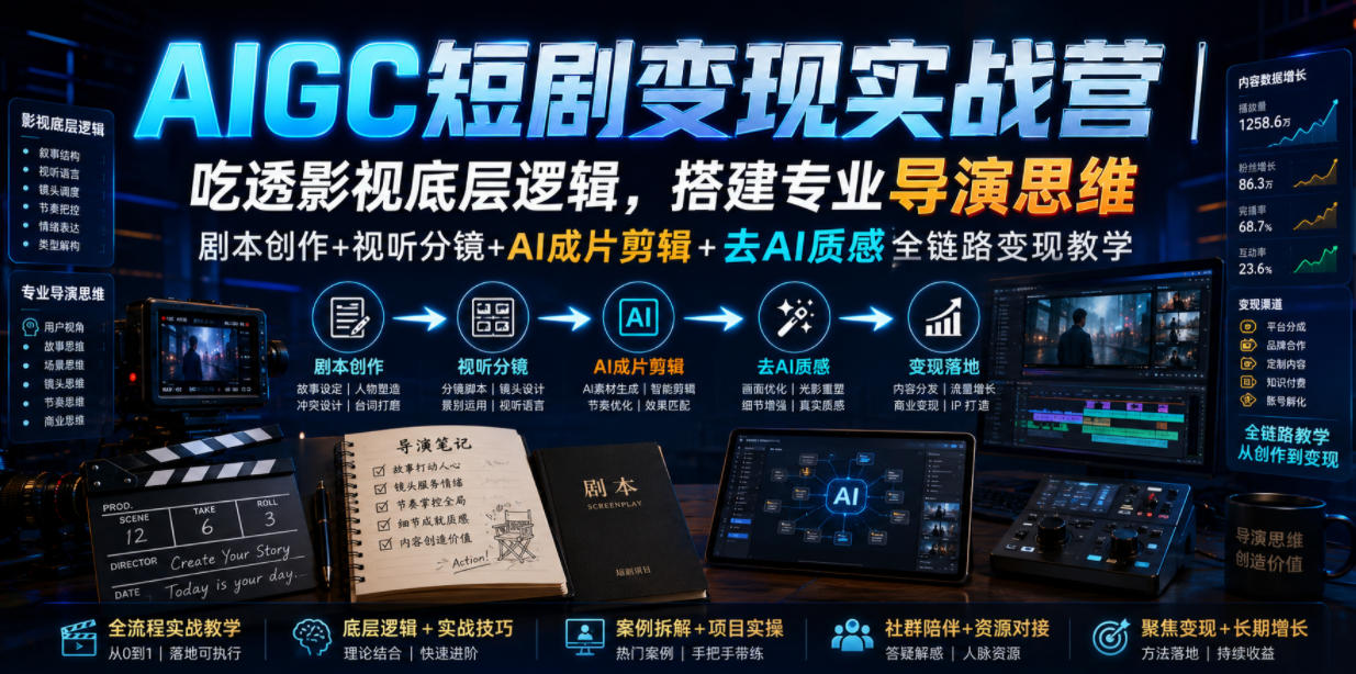 AIGC短剧变现实战营|吃透影视底层逻辑,搭建专业导演思维,剧本创作+视听分镜+AI成片剪辑+去AI质感全链路变现教学-驿想项目网