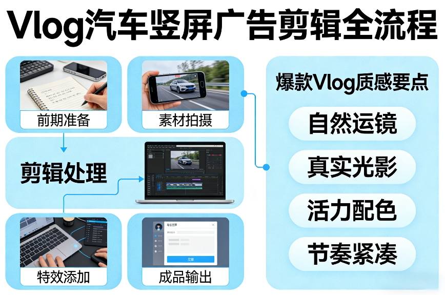 Vlog感觉汽车竖屏广告剪辑脚本全流程，拿捏爆款Vlog质感-驿想项目网