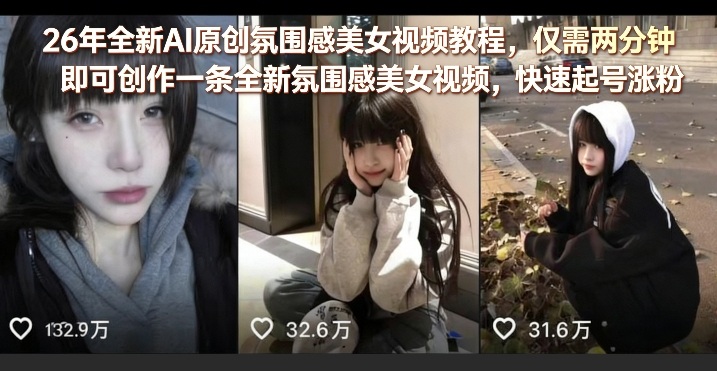26年全新AI原创氛围感美女视频教程，仅需两分钟即可创作一条全新氛围感美女视频，快速起号涨粉-驿想项目网