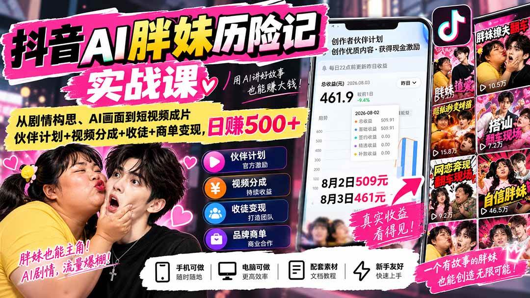 （20489期）抖音AI胖妹历险记实战课：从剧情构思、AI画面到短视频成片，伙伴计划+视频分成+收徒+商单变现，日赚500+-驿想项目网