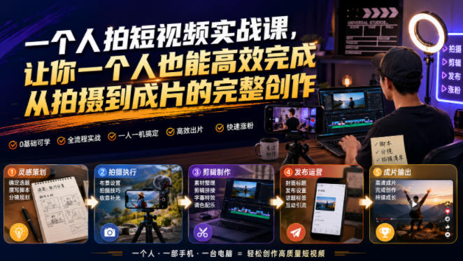一个人拍短视频实战课，让你一个人也能高效完成从拍摄到成片的完整创作-驿想项目网