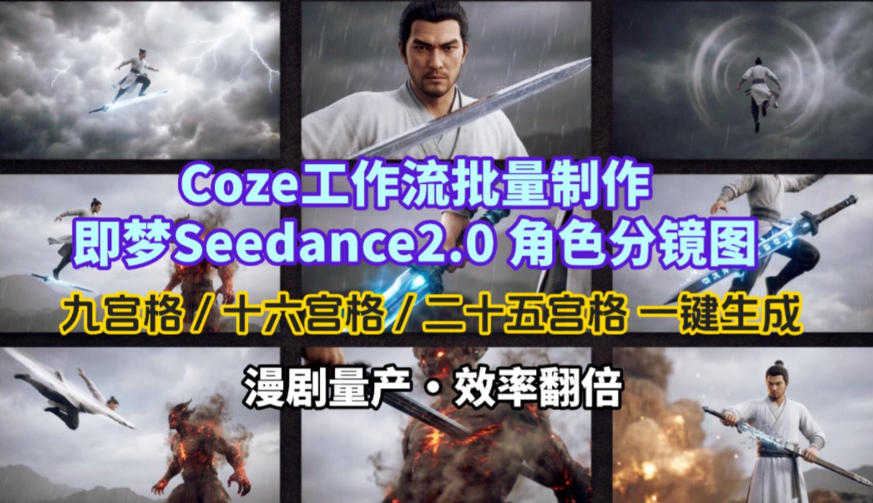 Coze工作流批量制作即梦Seedance2.0角色分镜图，九宫格-十六宫格-二十五宫格一键生成，漫剧量产，效率翻倍-驿想项目网