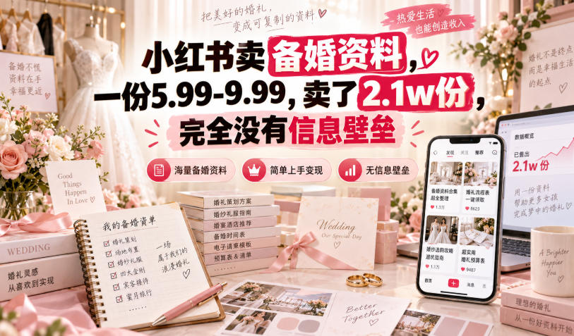 小红书卖备婚资料,一份5.99-9.99,卖了2.1w份,完全没有信息壁垒-驿想项目网