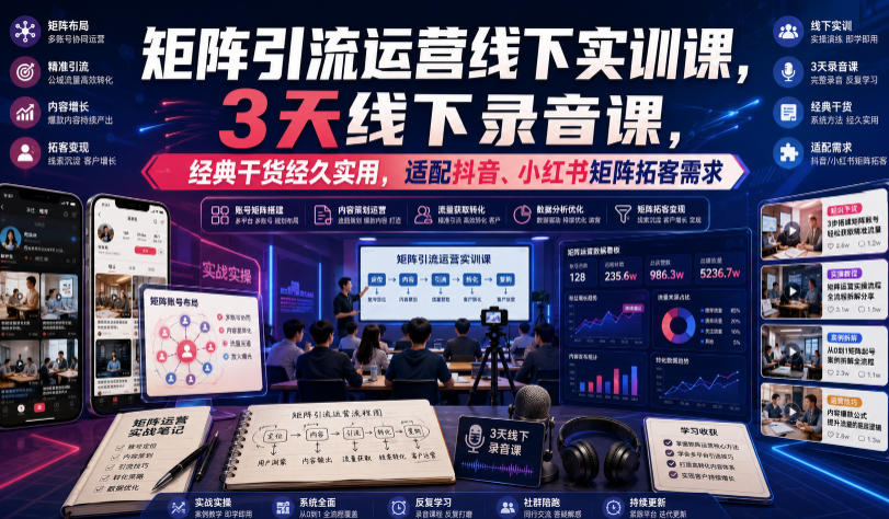嗨推矩阵引流运营线下实训课,3天线下录音课,经典干货经久实用,适配抖音、小红书矩阵拓客需求-驿想项目网