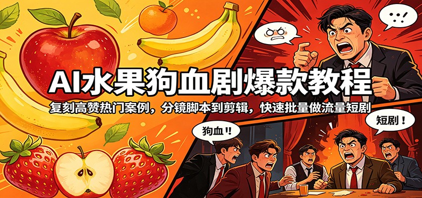 AI水果狗血剧爆款教程：复刻高赞热门案例，分镜脚本到剪辑，快速批量做流量短剧-驿想项目网