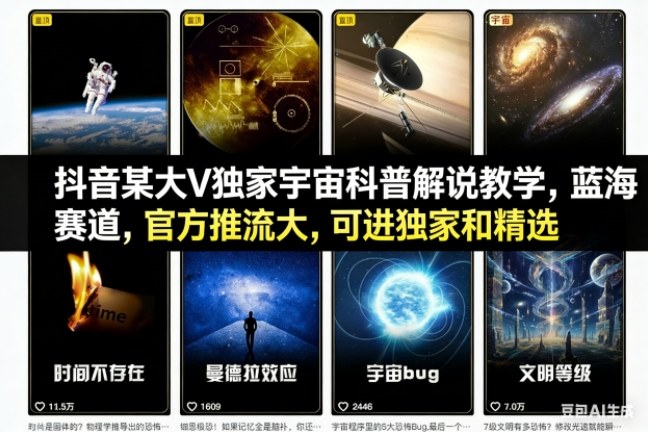 抖音某大V独家宇宙科普解说教学,蓝海赛道,官方推流大,可进独家和精选-驿想项目网