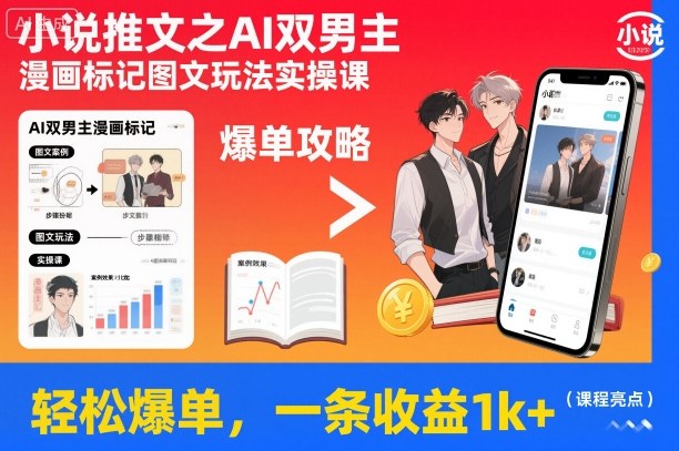 小说推文之AI双男主漫画标记图文玩法实操课,轻松爆单,一条收益1k+-驿想项目网
