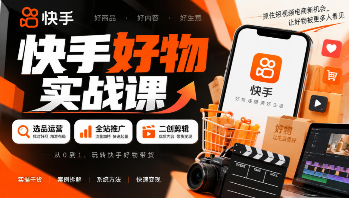 快手好物实战课｜选品运营+全站推广+二创剪辑带货变现-驿想项目网