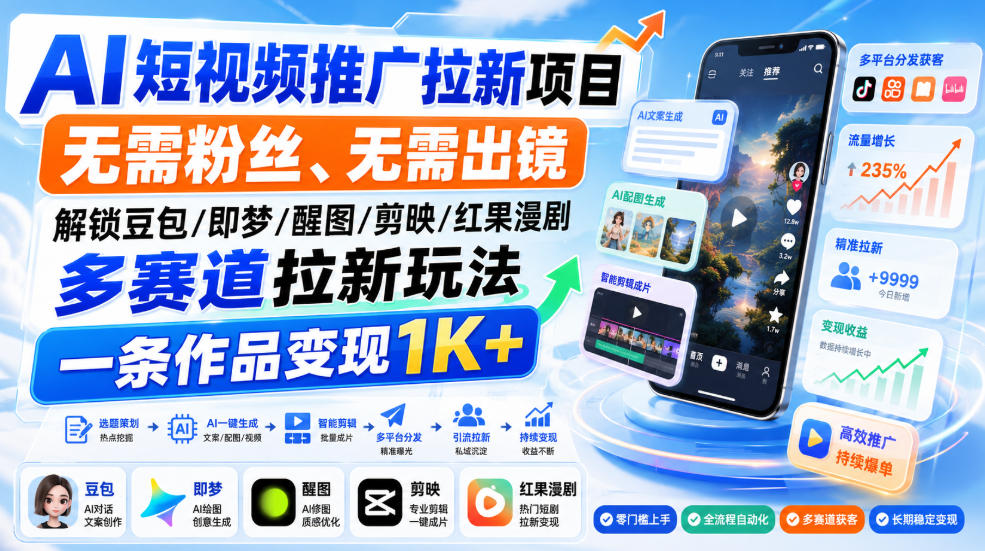 AI短视频推广拉新项目，无需粉丝、无需出镜，解锁豆包/即梦/醒图/剪映/红果漫剧多赛道拉新玩法，一条作品变现1K+-驿想项目网