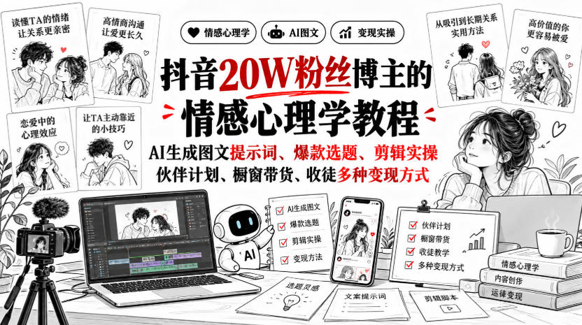 抖音20W粉丝博主的情感心理学教程，AI生成图文提示词、爆款选题、剪辑实操，伙伴计划、橱窗带货、收徒多种变现方式-驿想项目网