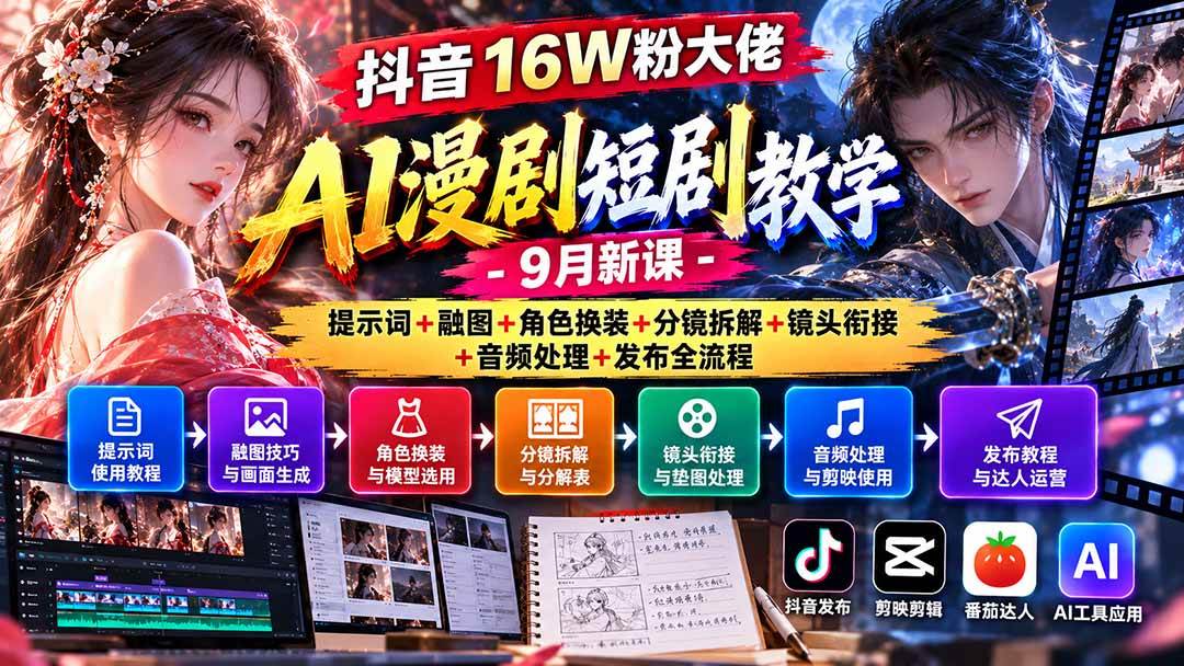 （20753期）抖音16W粉大佬AI漫剧短剧教学-9月新课：提示词+融图+角色换装+分镜拆解+镜头衔接+音频处理+发布全流程-驿想项目网