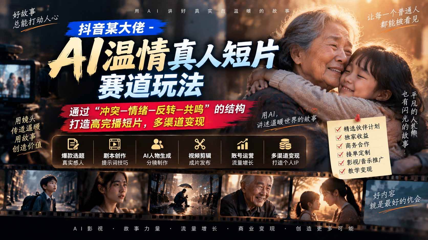 （20538期）抖音某大佬-AI温情真人短片赛道玩法：通过“冲突—情绪—反转—共鸣”的结构打造高完播短片，多渠道变现-驿想项目网