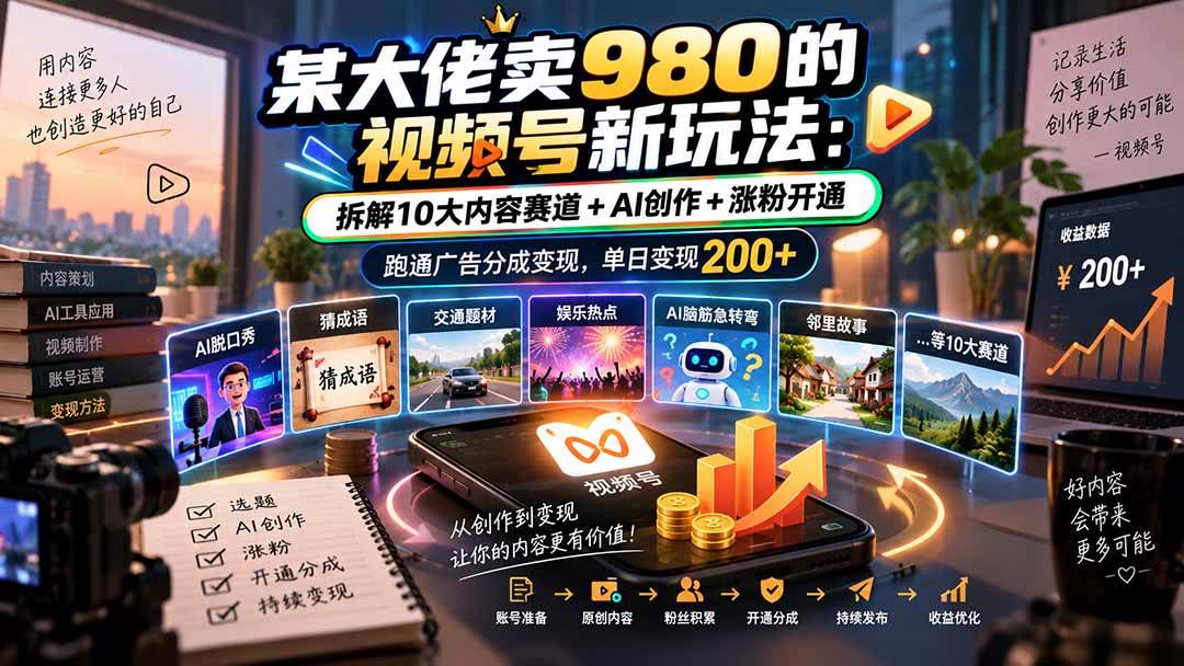 (20573期)某大佬卖980的视频号新玩法:拆解10大内容赛道+AI创作+涨粉开通,跑通广告分成变现,单日变现200+-驿想项目网