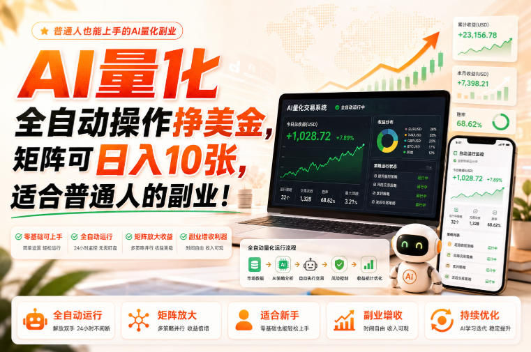 AI量化全自动操作挣美金，矩阵可日入10张，适合普通人的副业！【揭秘】-驿想项目网