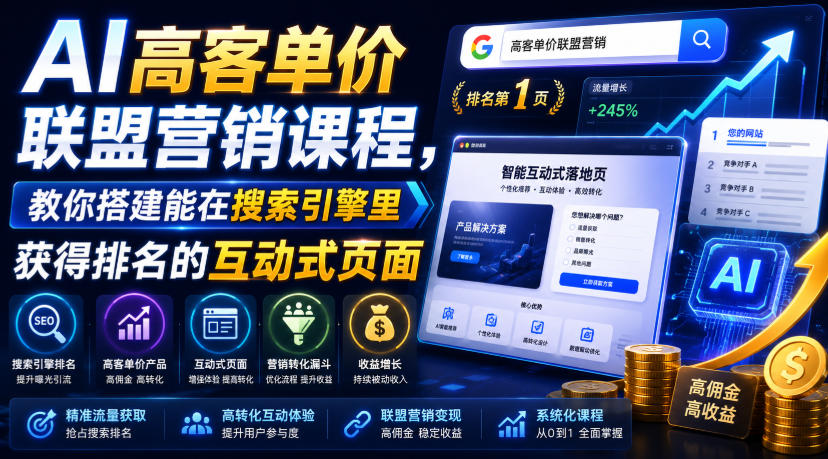 AI高客单价联盟营销课程，教你搭建能在搜索引擎里获得排名的互动式页面，引来流量，把访客转化为高佣金的成交【原创双语字幕】-驿想项目网