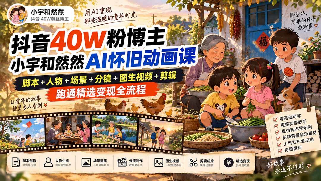 (20549期)抖音40W粉博主小宇和然然AI怀旧动画课|脚本+人物+场景+分镜+图生视频+剪辑,跑通精选变现全流程-驿想项目网