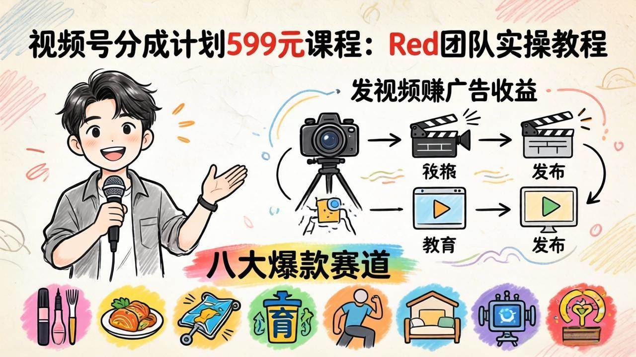 （18088期）视频号分成计划599元课程：Red团队实操教程，发视频赚广告收益，八大爆款赛道全掌握-驿想项目网