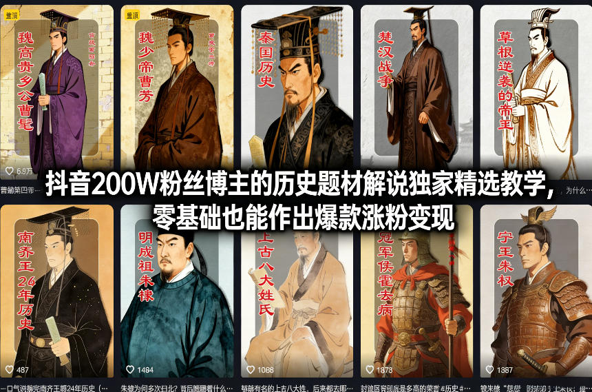 抖音200W粉丝博主的历史题材解说独家精选教学，零基础也能作出爆款涨粉变现-驿想项目网