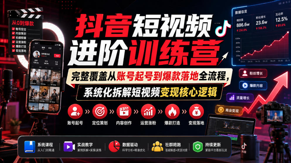 抖音短视频进阶训练营，完整覆盖从账号起号到爆款落地全流程，系统化拆解短视频变现核心逻辑-驿想项目网