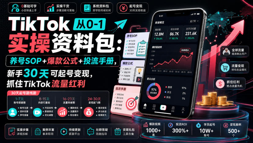 TikTok从0-1实操资料包：养号SOP+爆款公式+投流手册，新手30天可起号变现，抓住TikTok流量红利-驿想项目网