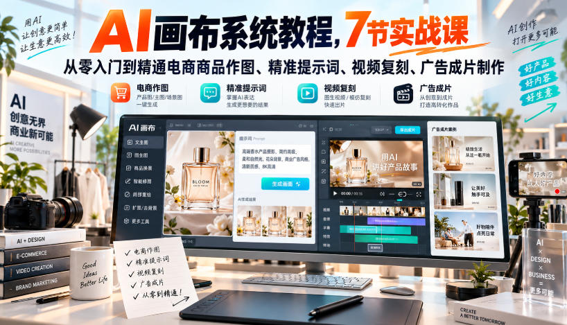 AI画布系统教程,7节实战课从零入门到精通电商商品作图、精准提示词、视频复刻、广告成片制作-驿想项目网