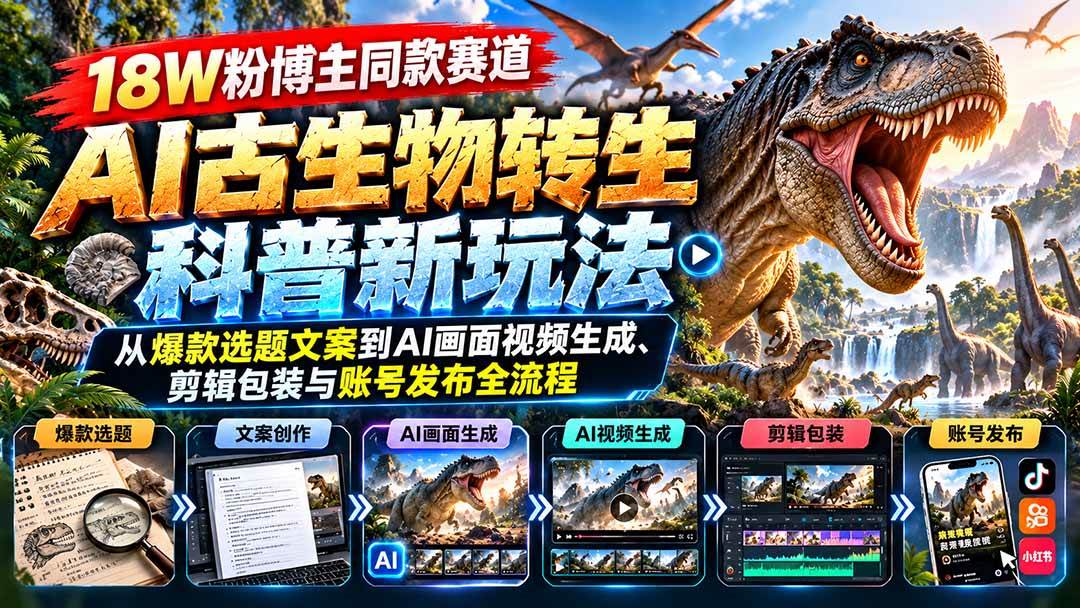 （20833期）18W粉博主同款赛道-AI古生物转生科普新玩法：从爆款选题文案到AI画面视频生成、剪辑包装与账号发布全流程-驿想项目网