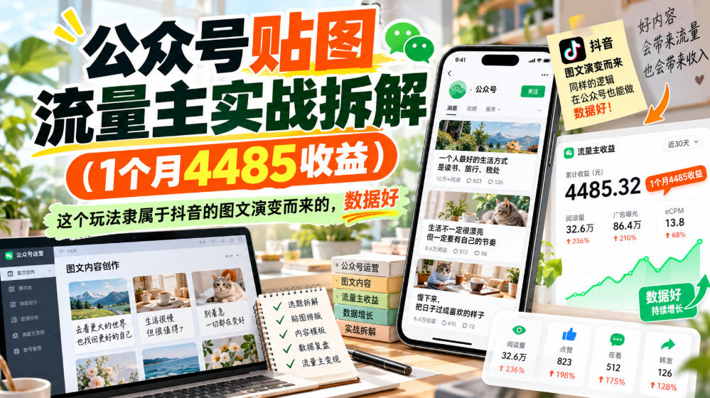 公众号贴图流量主实战拆解(1个月4485收益)，这个玩法隶属于抖音的图文演变而来的，数据好-驿想项目网