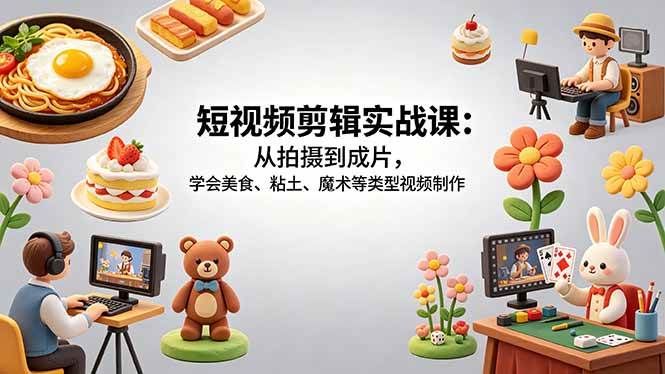 （18375期）短视频剪辑实战课：从拍摄到成片，学会美食、粘土、魔术等类型视频制作-驿想项目网
