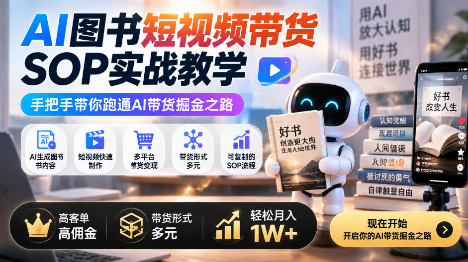 AI图书短视频带货SOP实战教学，手把手带你跑通AI带货掘金之路，高客单高佣金，带货形式多元，轻松月入1W+-驿想项目网