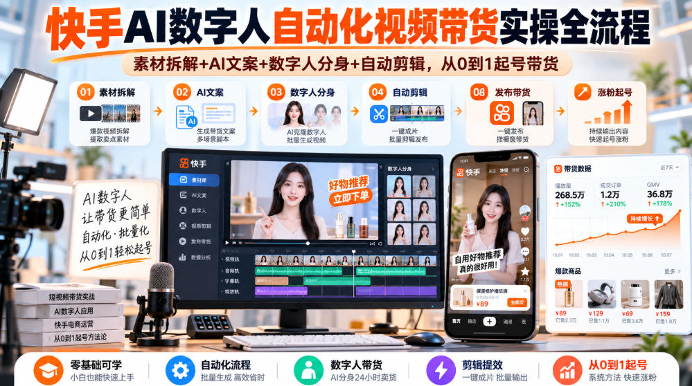 快手AI数字人自动化视频带货实操全流程｜素材拆解+AI文案+数字人分身+自动剪辑，从0到1起号带货（更新26年）-驿想项目网