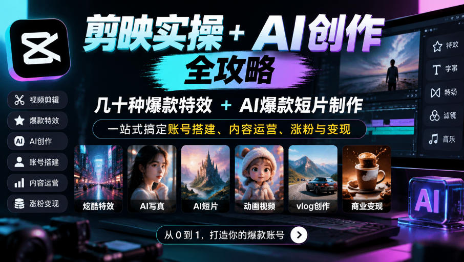 剪映实操+AI创作全攻略｜几十种爆款特效+AI爆款短片制作，一站式搞定账号搭建、内容运营、涨粉与变现-驿想项目网